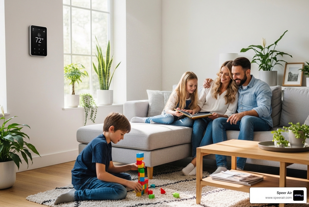 HVAC Blog 2 Family in living room with modern thermostat - "Are there any HVAC companies that offer financing in Rockaway, NJ for a new system?